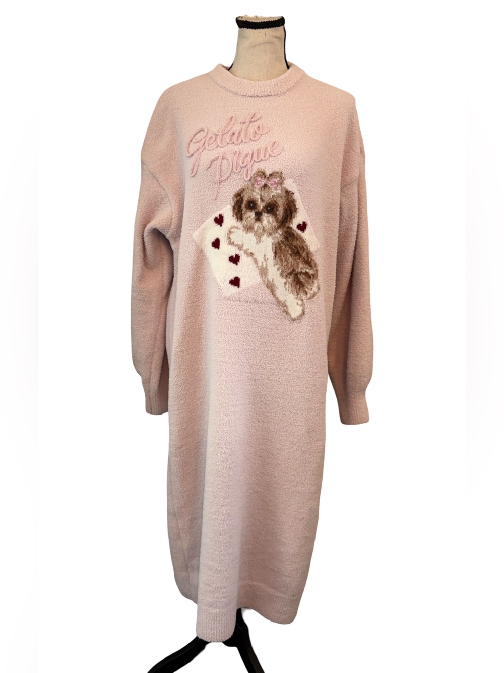 Gelato Pique One Size Pink Dog Embroidered Knit Sweater Dress Loungewear PJ